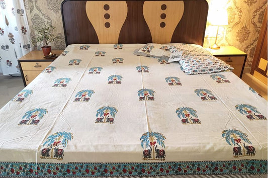 Sajja Hand Block Printed Bedsheet | Pure Cotton | Double Bed Queen Size 90"x108" | 210 TC Bedsheets | Includes 2 Pillow Covers (Hatti )
