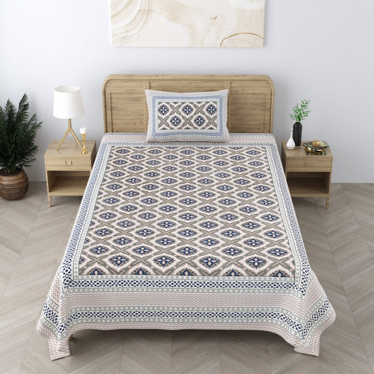 Hand block Print Pure Cotton White Blue Single Bedsheet (60 x 90in)