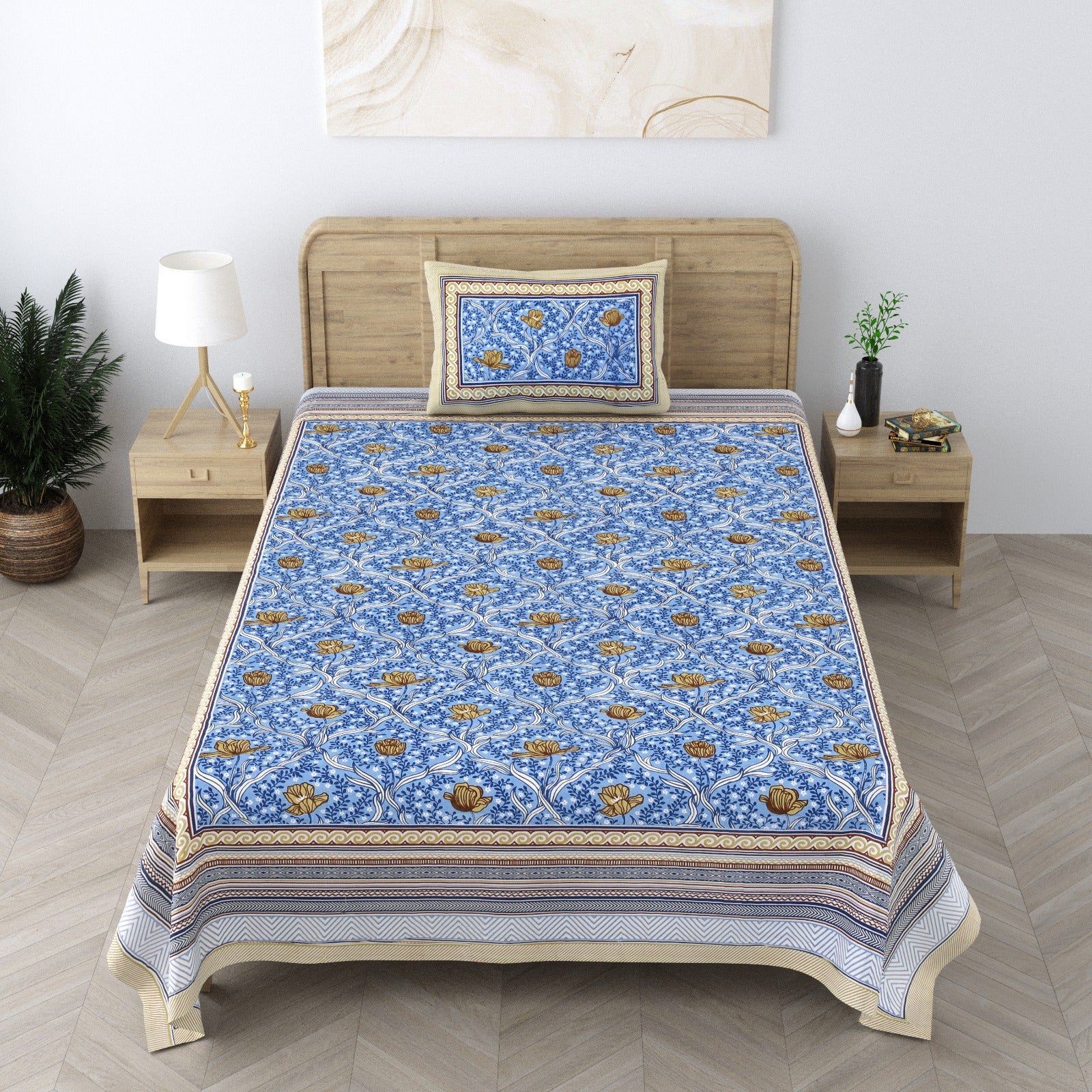 Pure Cotton Hand block Green Blue Floral Single Bedsheet (60x 90in)