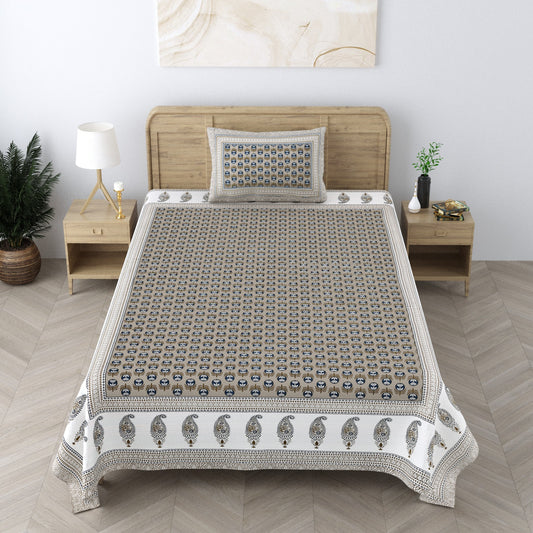 Autoloom South Cotton Cotton White Grey Mughal Pattern Single Bedsheet (63 x 90 in)