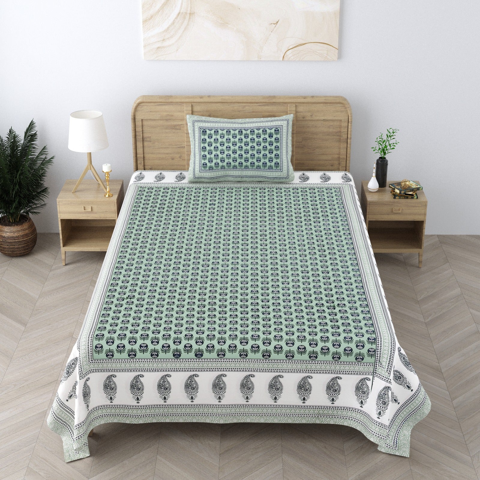 Handblock Print Pure Cotton Blue Mughal Butta Single Bedsheet (60 x 90in)