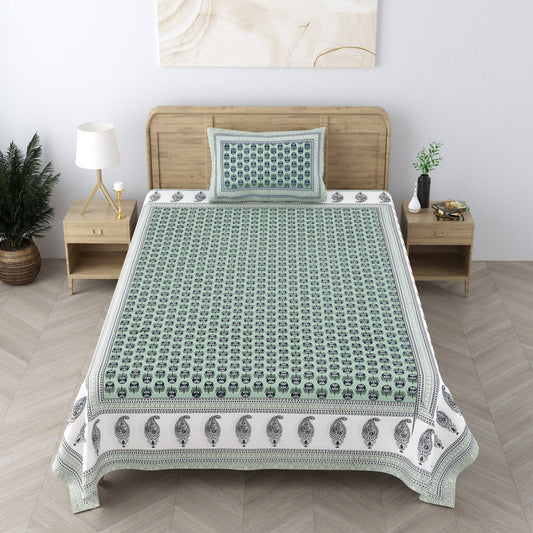 Handblock Print Pure Cotton Blue Mughal Butta Single Bedsheet (60 x 90in)