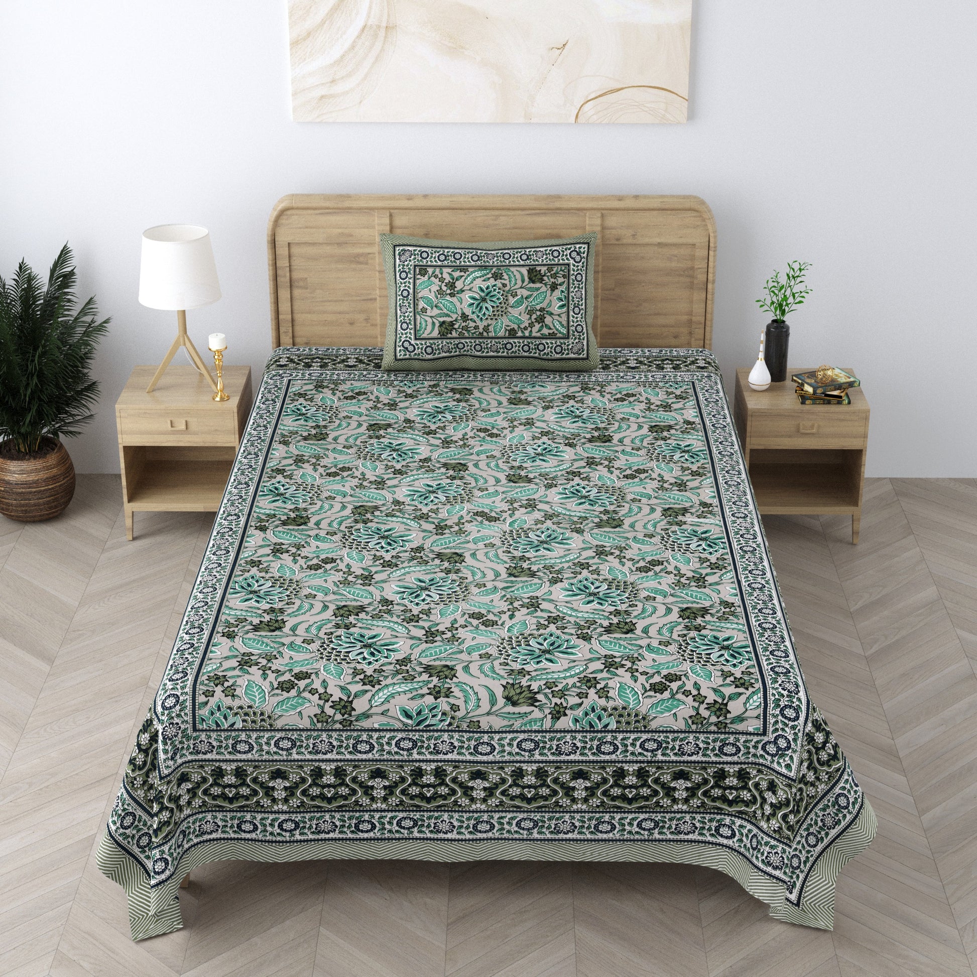 Handblock Print Pure Cotton Teal Floral Single Bedsheet (60 x 90in)