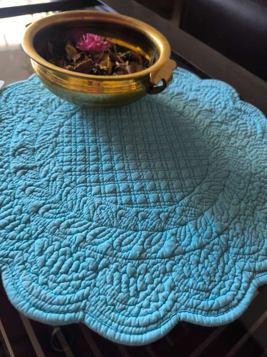 Round Cyan Blue Cotton Quilted Table Fabric Placemat - 1 Piece
