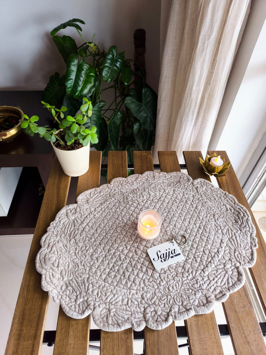 Victorian Velvet Silver light Brown Trapunto Oval Quilted Organic Cotton Table Placemat - 1 Piece