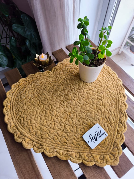 Yellow Mustard HEART Reversible Velvet Cotton Quilted Cotton Table Fabric Placemat mat
