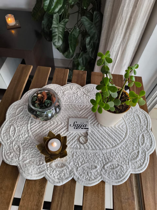 Velvet Chic Off White Embossed Oval Quilted Organic Cotton Table Placemat - 1 piece