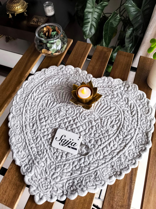 Designer Velvet Heart Decorative Quilted Ash Silver Table Runner Placemat Mat