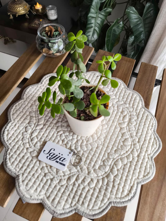 Velvet Ivory Patta Floral Hand Quilted Round Cotton Table Fabric Placemat