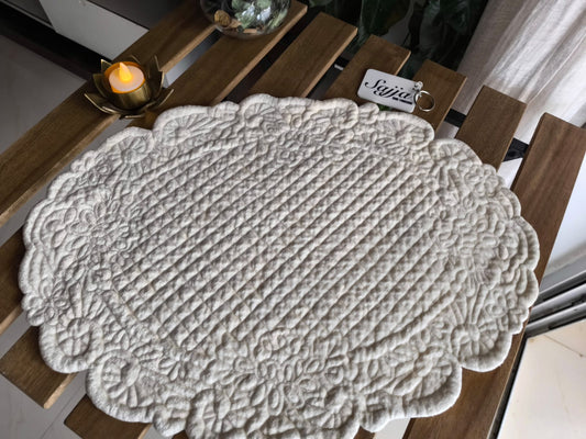 Velvet Ivory Embossed Floral Trellis Cotton Oval Quilted Table Fabric Place mat