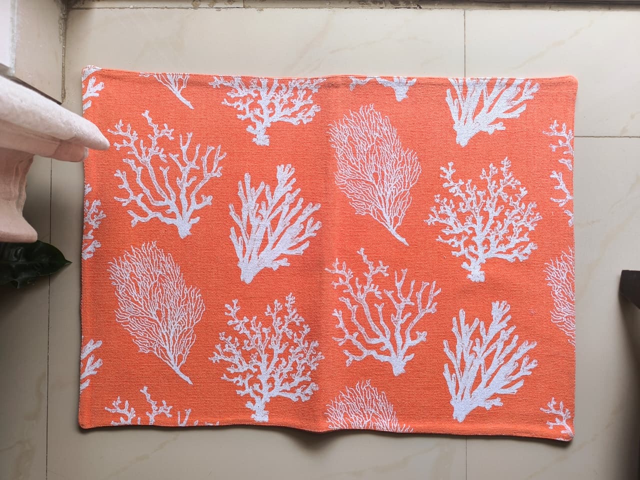 Designer Orange White Coral Reversible Thick Duck Cotton Floor Mat |Use as Table Décor Mat | Perfect Kids Mat