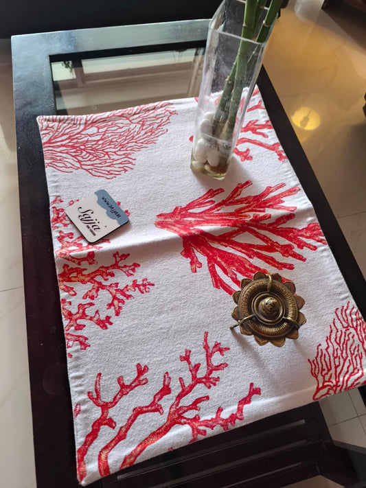 Designer White with Orange Coral Thick Duck Cotton Floor Mat |Use as Table Décor Mat