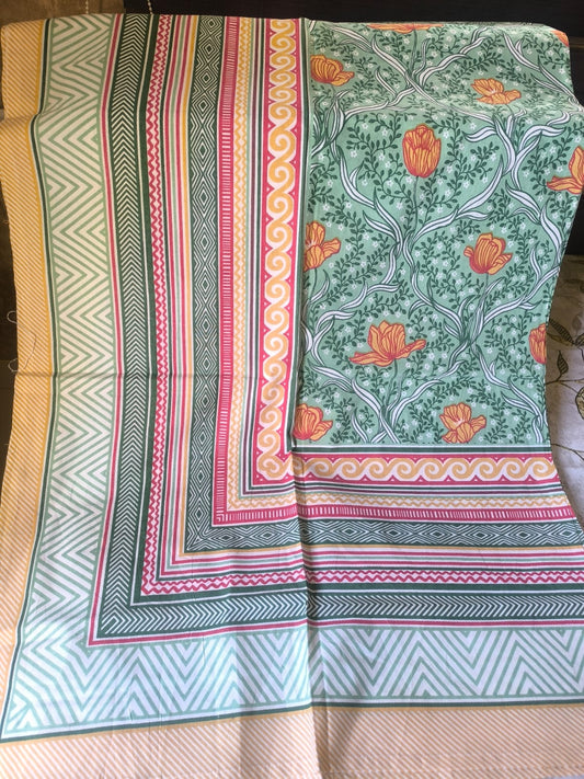 Pure Cotton Hand block Floral Motif Green Kamal Single Bedsheet (60x 90in)