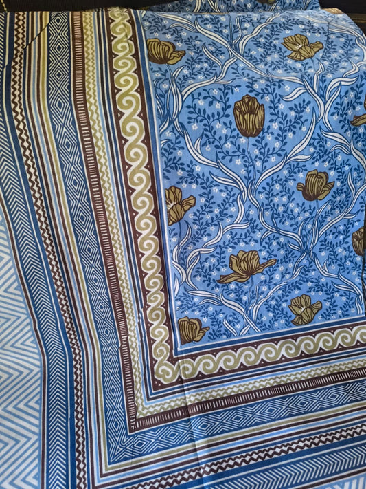 Pure Cotton Hand block Green Blue Floral Single Bedsheet (60x 90in)