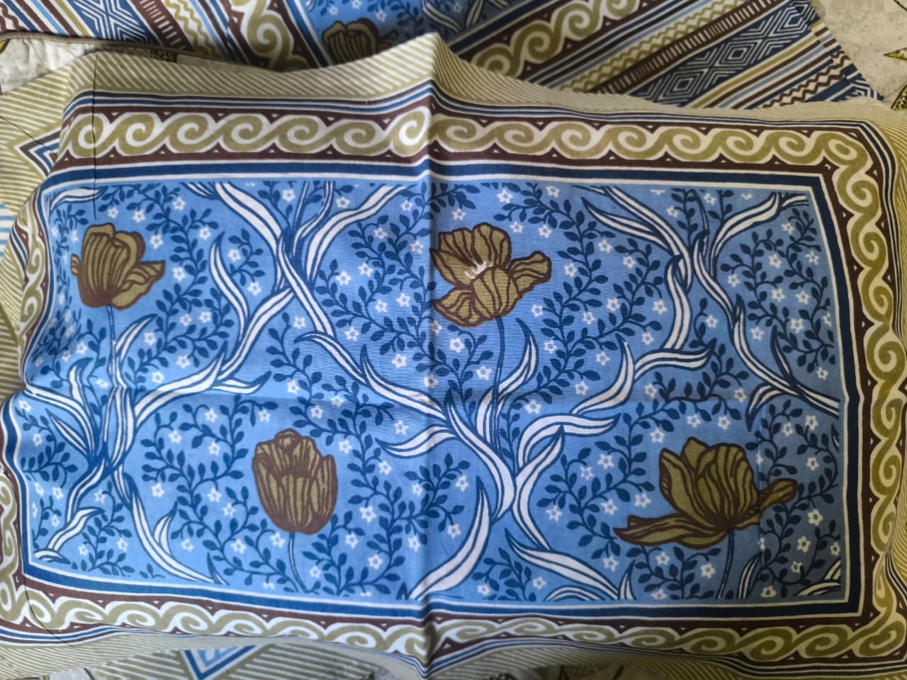 Pure Cotton Hand block Green Blue Floral Single Bedsheet (60x 90in)