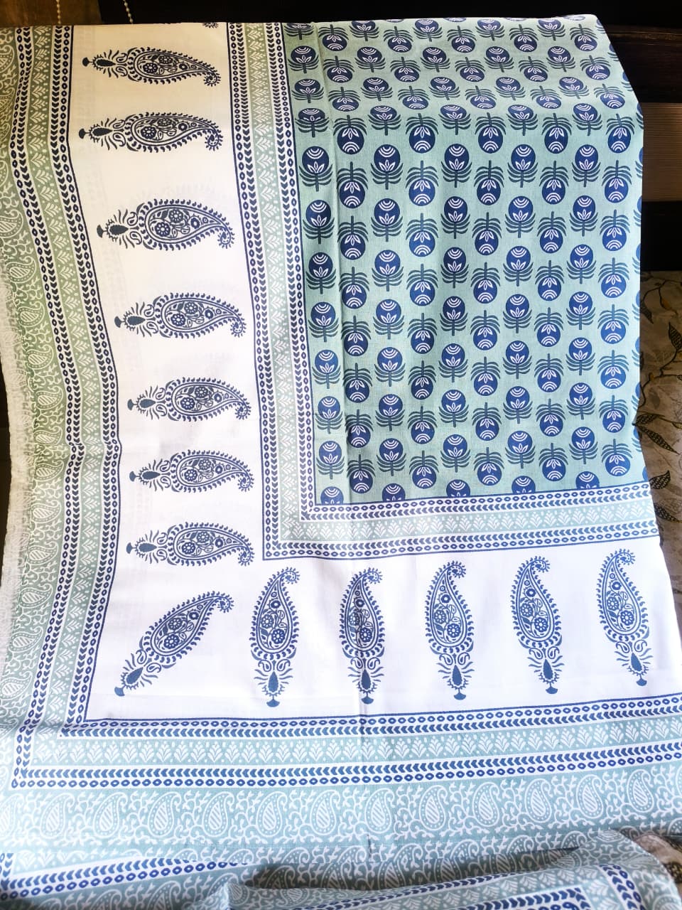 Handblock Print Pure Cotton Blue Mughal Butta Single Bedsheet (60 x 90in)