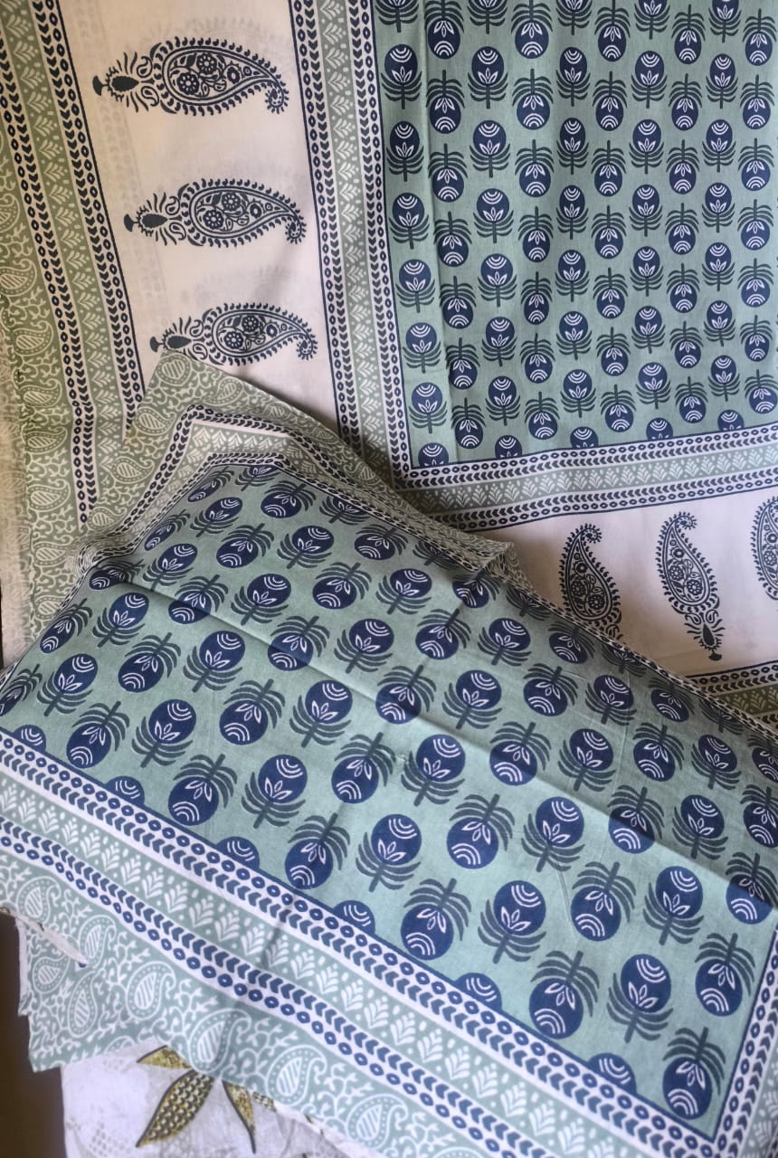 Handblock Print Pure Cotton Blue Mughal Butta Single Bedsheet (60 x 90in)