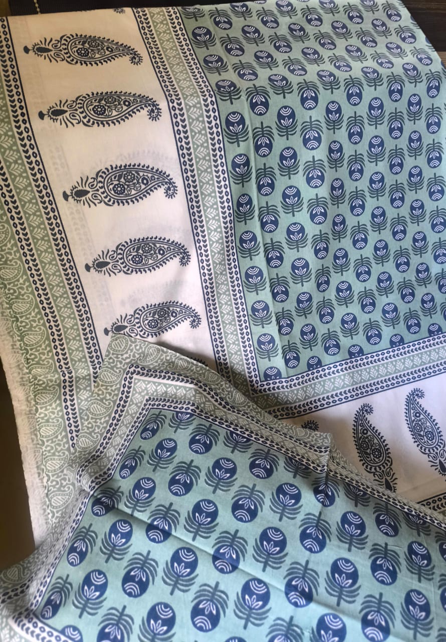 Handblock Print Pure Cotton Blue Mughal Butta Single Bedsheet (60 x 90in)