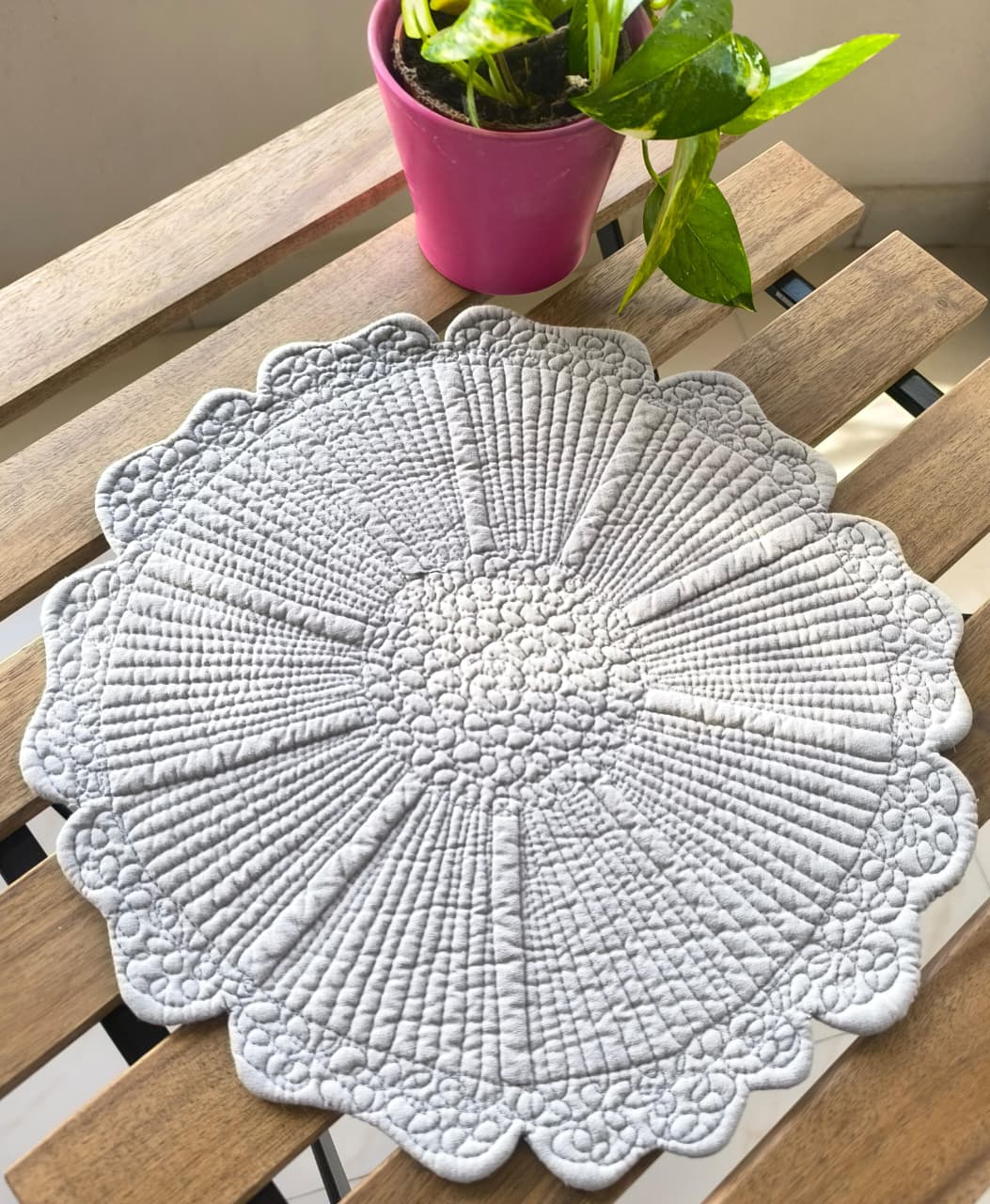 Beige Greyish Medium Round Quilted Decorative Table Placemat Trivet