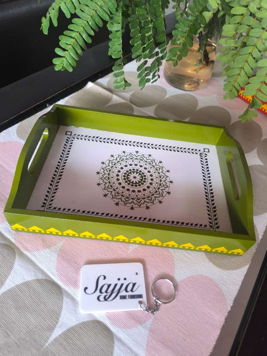 Wooden Bright Wooden Hand Painted  Big Tray  Green - Serve 6 Mugs/ Glasses