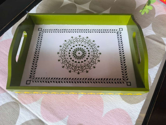 Wooden Bright Wooden Hand Painted  Big Tray  Green - Serve 6 Mugs/ Glasses