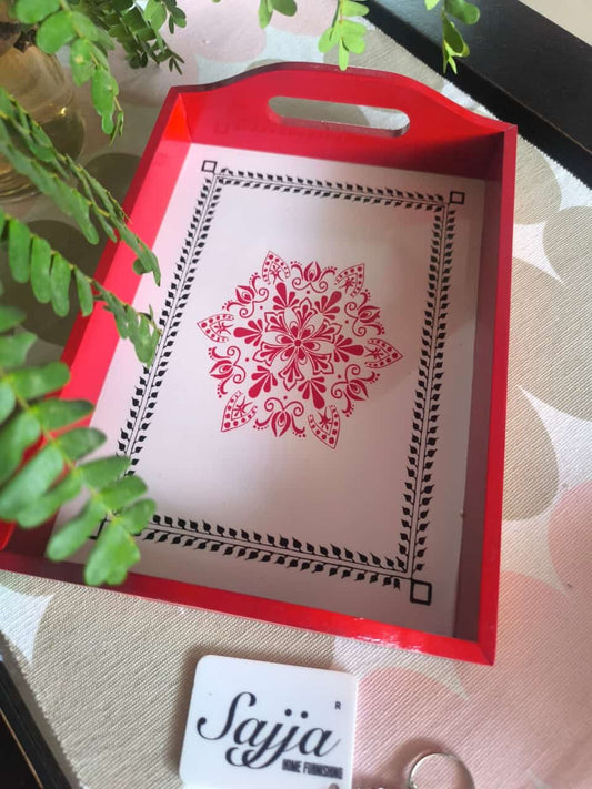 Wooden Bright Wooden Hand Painted  Big Tray -  Red - Serve 6 Mugs/ Glasses