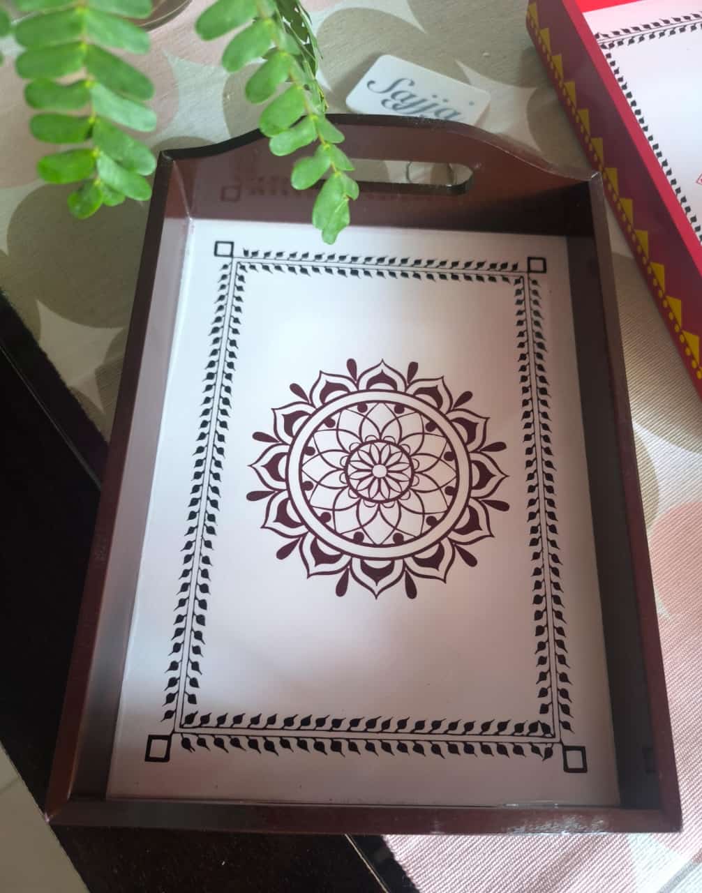 Wooden Bright Wooden Hand Painted  Big Tray -  Brown - Serve 6 Mugs/ Glasses