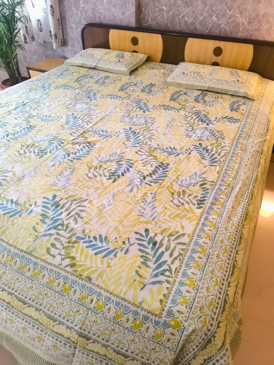 Vintage Handblocked Lime Yellow Cotton Floral Bagh Double Bedsheet  King