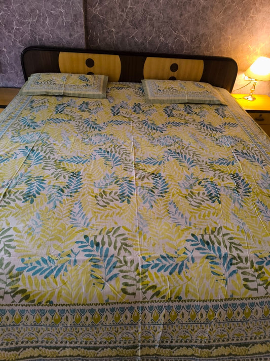 Vintage Handblocked Lime Yellow Cotton Floral Bagh Double Bedsheet  King