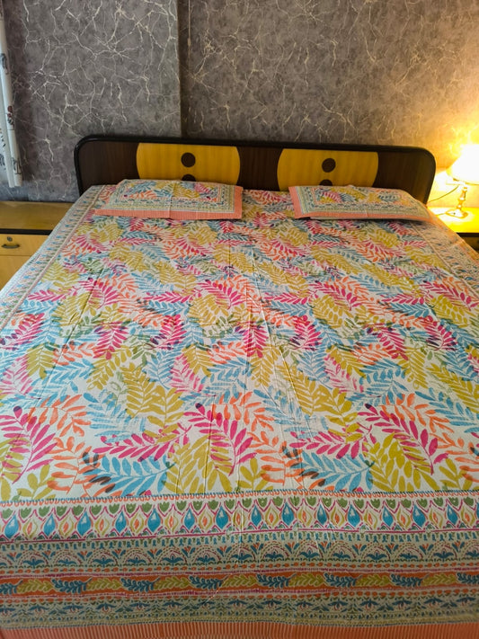 Royal Hand block Leaves Pure Cotton Double Smaller King Bedsheet
