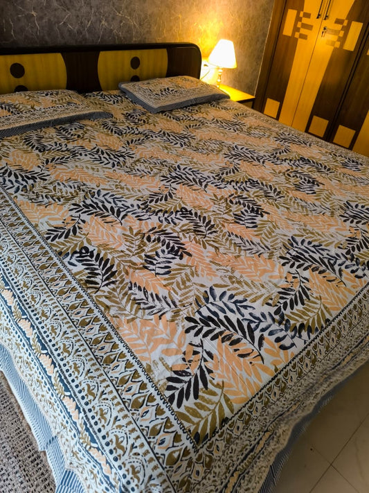 Vintage Hand block Leaves Pattern Pure Cotton Double Bedsheet Smaller King Multicoloured