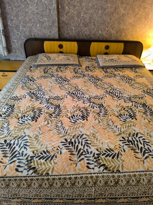 Vintage Hand block Leaves Pattern Pure Cotton Double Bedsheet Smaller King Multicoloured