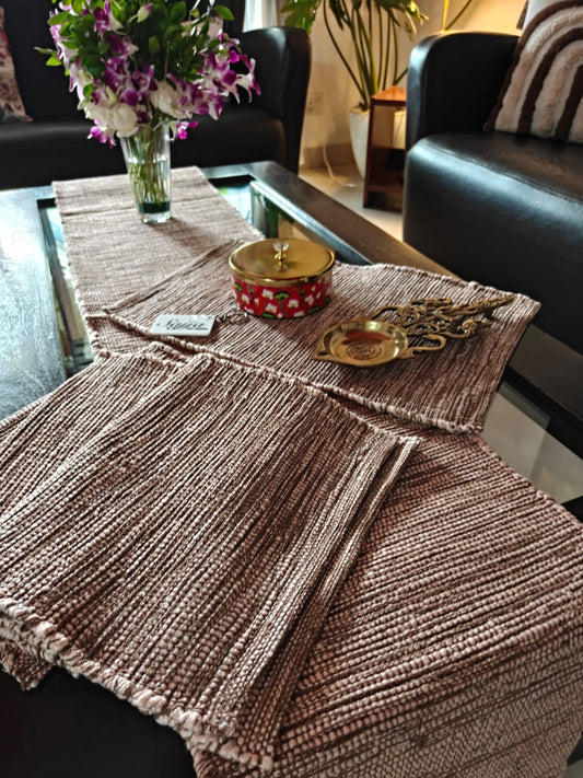 Sajja Handloom Dining Table Runner and 4 table mat set | Eco-friendly Table linen | Sustainable Organic Cotton Earthy Brown Peach