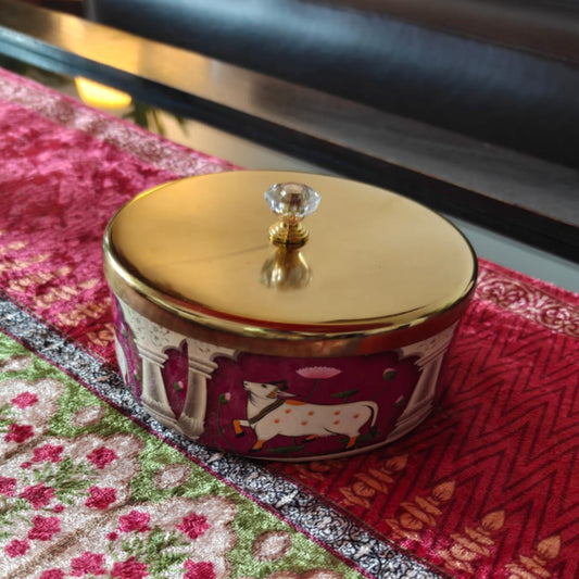 Decorative Wine Purple Round Pichwai Jar With Gold plated Lid (5 x 2 " inches) | Storage Metal container | Dry Fruit Jar