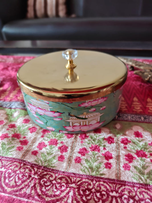 Decorative Green Teal Round Pichwai Jar With Gold plated Lid (5 x 2 " inches) | Storage Metal container | Dry Fruit Jar 