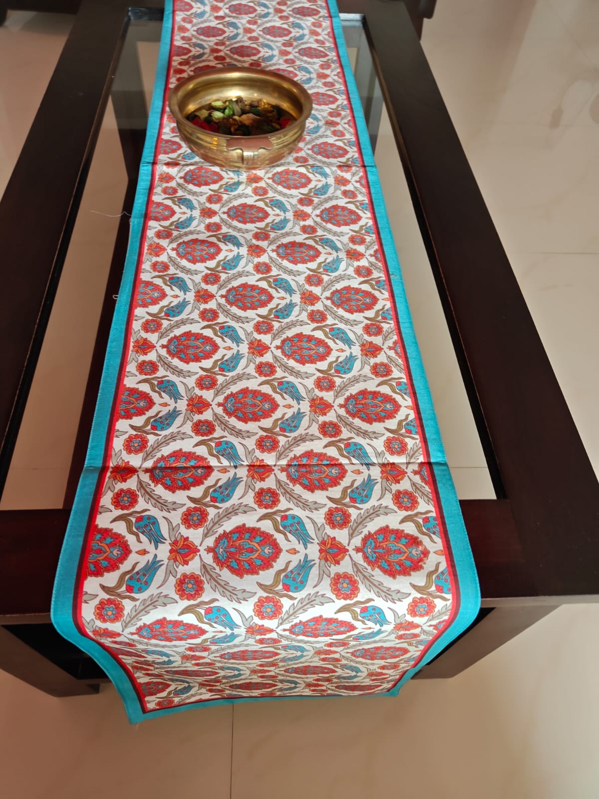 Stylish French Floristry Orange Beige Teal Silk Table runner (12 x 72 inches)