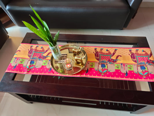 Phad Art Hatti Palki Dupion Silk Table Runner For Centre Table (L-48in, W-12in) | L- 4 feet