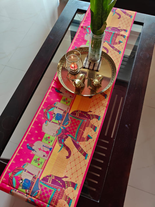 Phad Art Hatti Palki Dupion Silk Table Runner For Centre Table (L-48in, W-12in) | L- 4 feet