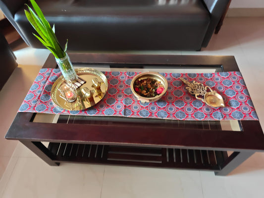 Table Runner Trending Ajarak Pattern Red Blue Dupioni Silk (L-72 in, W-12in)