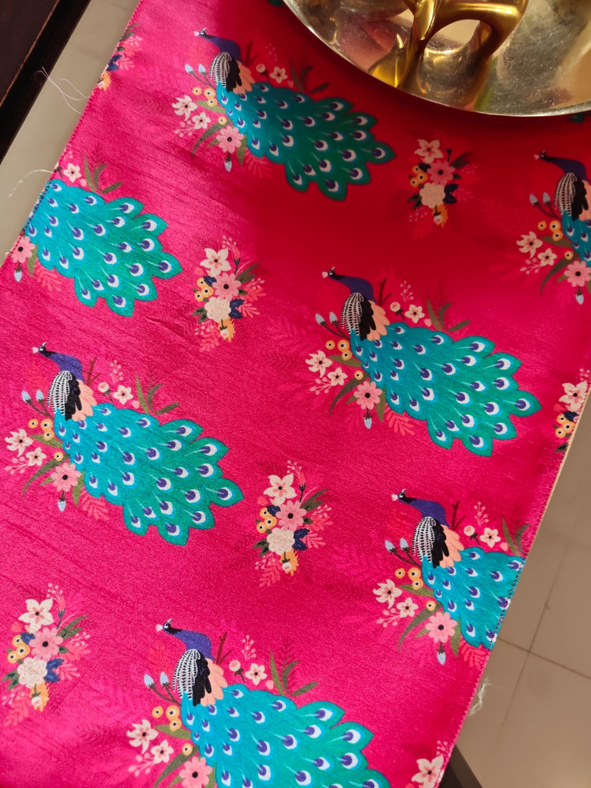 Designer Rich Rose Peacock Multicolour Dupion Silk Table Runner 12 x72 inches | 6 seater Table | Console Unit Runner