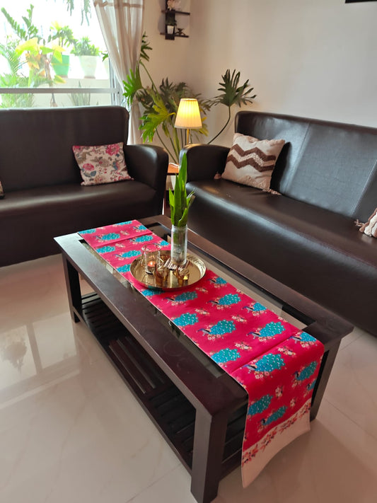Designer Rich Rose Peacock Multicolour Dupion Silk Table Runner 12 x72 inches | 6 seater Table | Console Unit Runner