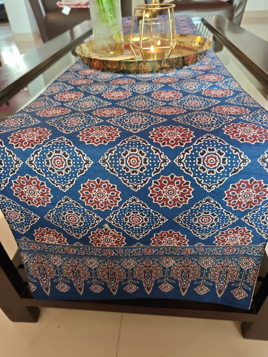Buy Sajja Indigo Ajrakh Dupion Silk Table Runner (L-72in, W-12in) Online
