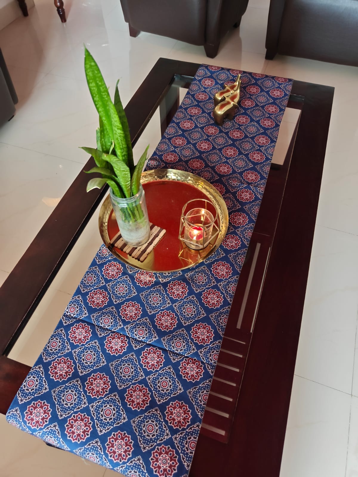 Buy Sajja Indigo Ajrakh Dupion Silk Table Runner (L-72in, W-12in) Online