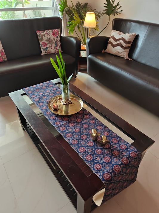 Buy Sajja Indigo Ajrakh Dupion Silk Table Runner (L-72in, W-12in) Online