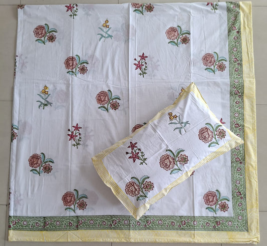 Premium Percale Hand Block Cotton King Bedsheet Yellow Floral 108 inches x 108 inches
