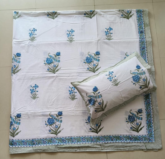 Buy Percale Cotton Handblock Blue Floral King Double Bedsheet 9 feet x 9 feet 