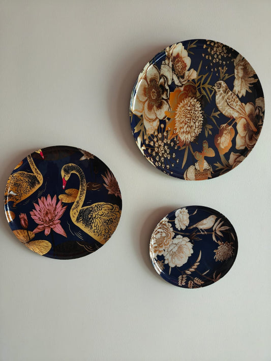 Shop Metal Wall Plates | Golden swans, blooming florals, and graceful birds | Set of 3 - 8,  10, & 12 inches