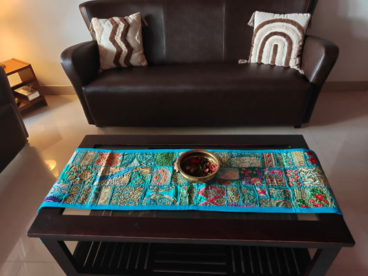 Turquoise Blue Khambadiya Patchwork Table Runner (14 x 60 inches)