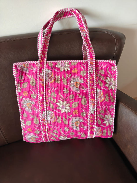 Block print tote bag - Boho quilted women's bags - Women's handbag - PinkFloral