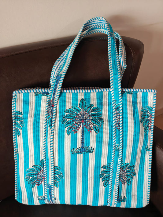 Striped Blue White Printed Palm Tree Tote Bag For Girl Women